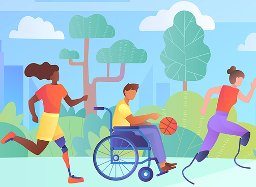 image of women with prosthetic legs running and a man in a wheelchair carrying a basketball