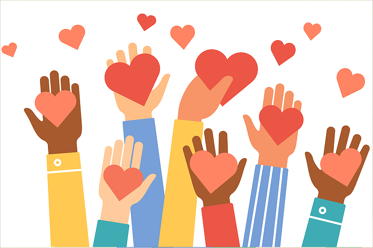 image of many hands of different racial colors upraised and holding hearts