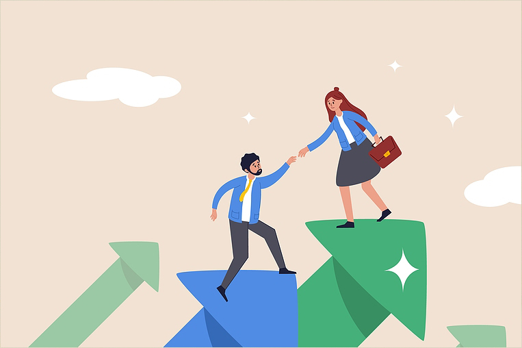 cartoon style image of woman and man standing on rising arrows with woman giving man a hand up